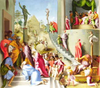 Maler: Jacopo da Pontormo, Josef ist jedes Mal an seiner roten Kopfbedeckung zu erkennen.
